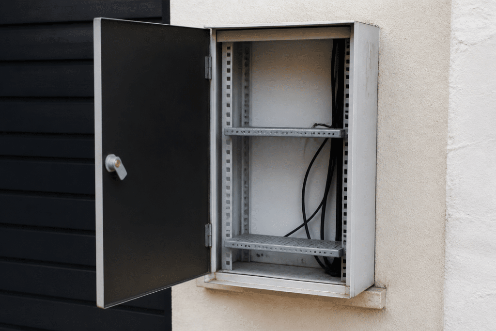 Armoire technique murale avec mesures de hauteur et profondeur visibles