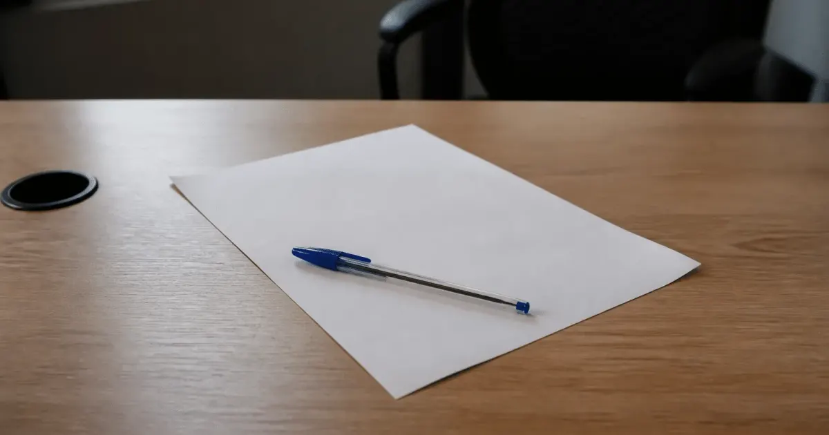 Document contractuel pose sur bureau avec stylo bleu