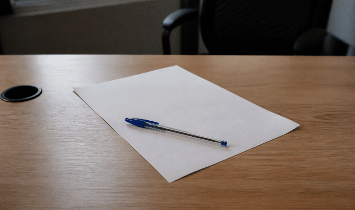 Document contractuel pose sur bureau avec stylo bleu