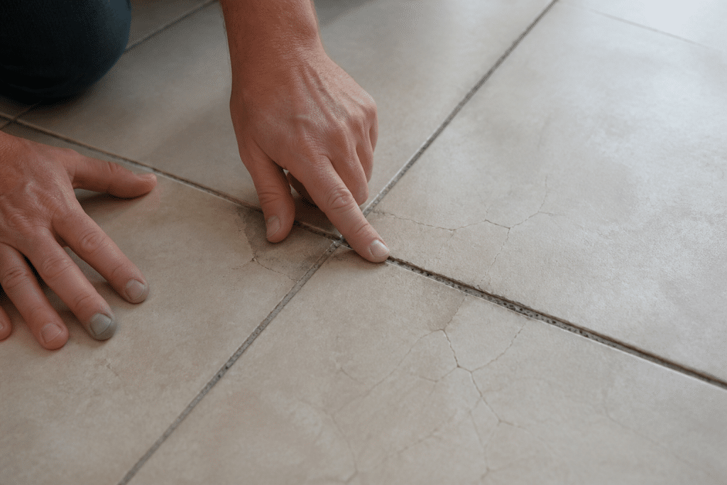 Mains inspectant carrelage fissuré avec joints poreux visibles