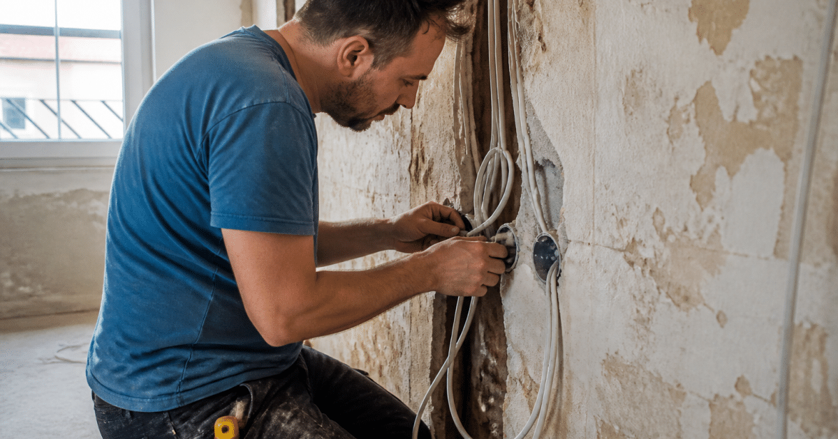 Electricien installant nouveaux câbles dans vieux mur rénové