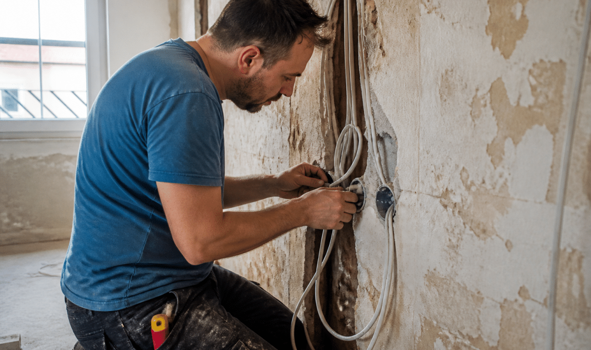 Electricien installant nouveaux câbles dans vieux mur rénové