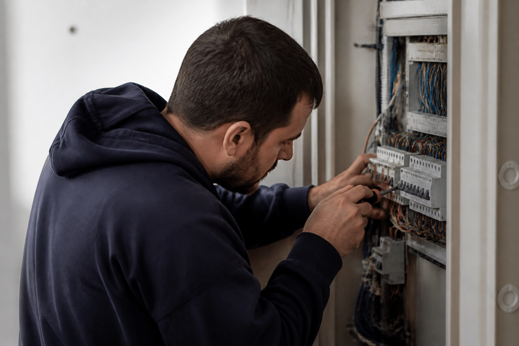 Electricien travaillant sur tableau avec tournevis et cables