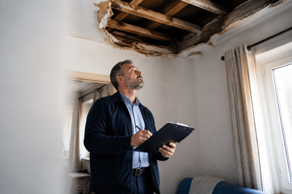 Expert inspectant dégâts maison avec formulaire réclamation