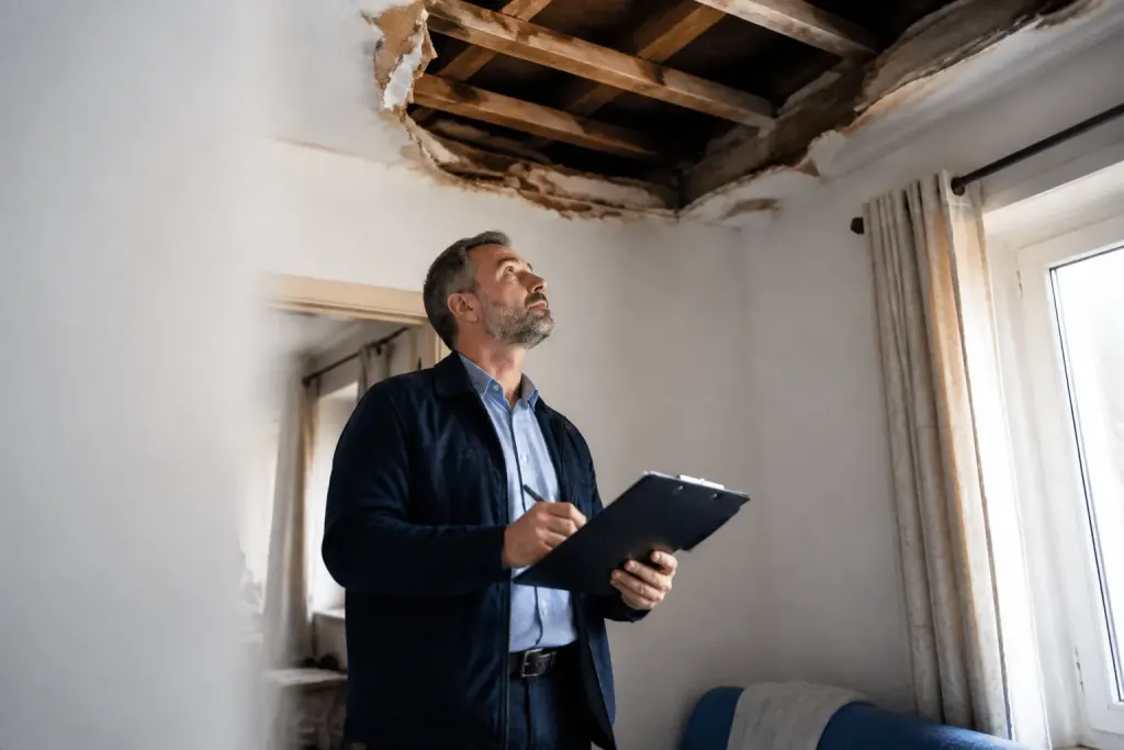 Expert inspectant dégâts maison avec formulaire réclamation