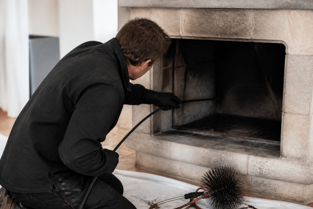 Artisan fumiste inspectant conduit cheminee avec outils professionnels