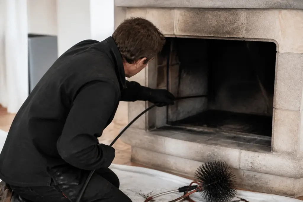 Artisan fumiste inspectant conduit cheminee avec outils professionnels