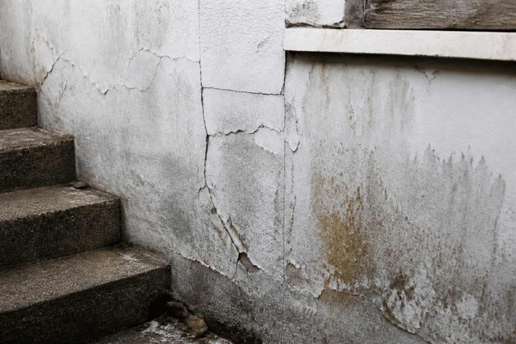 Fissures dans le mur et infiltrations d'eau progressives visibles