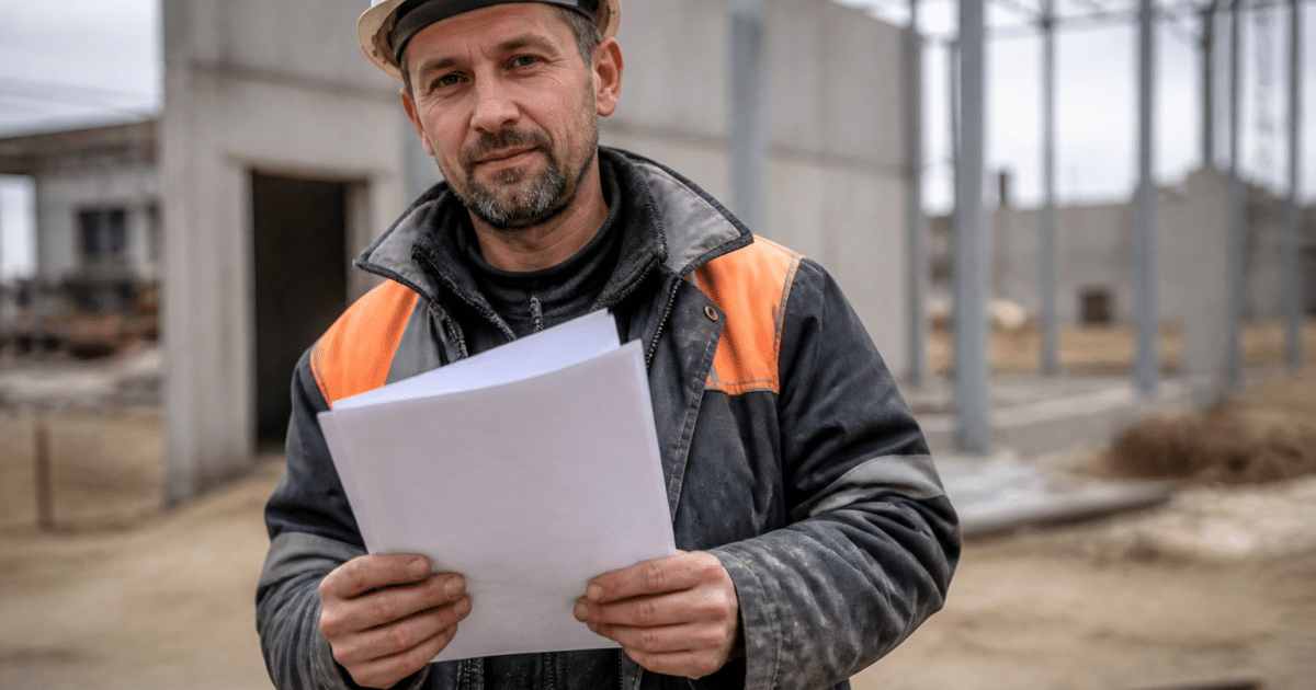 Ouvrier tenant document contrat devant chantier construction