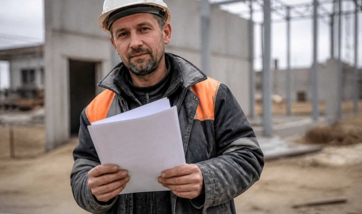 Ouvrier tenant document contrat devant chantier construction