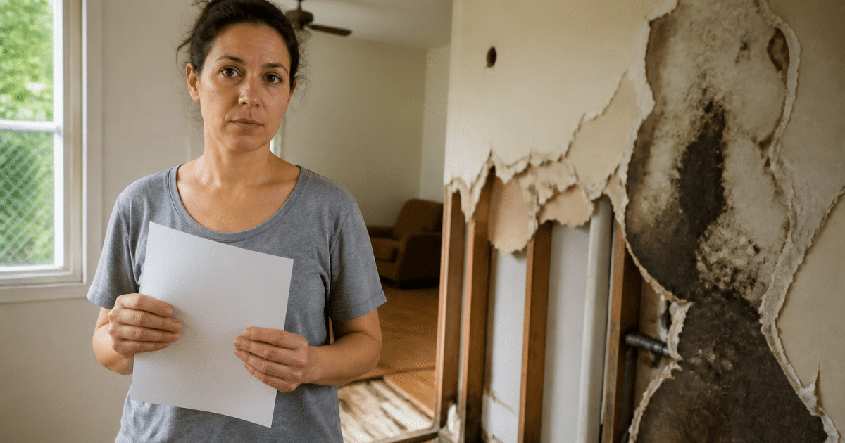 Homeowner holding insurance document next to damaged wall repair