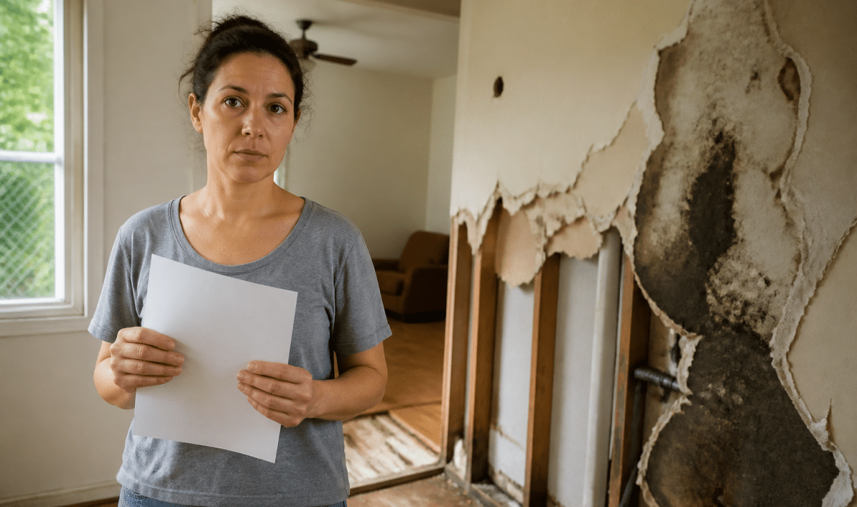 Homeowner holding insurance document next to damaged wall repair