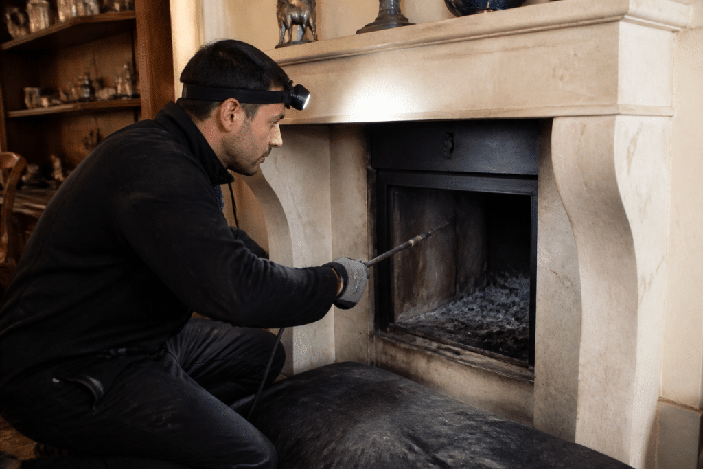 Ramoneur inspectant conduit cheminée avec lampe frontale