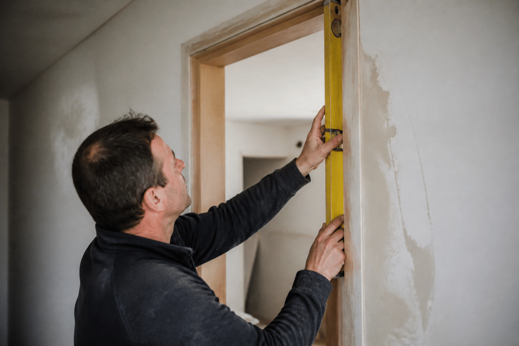 Menuisier posant cadre porte avec niveau a bulle