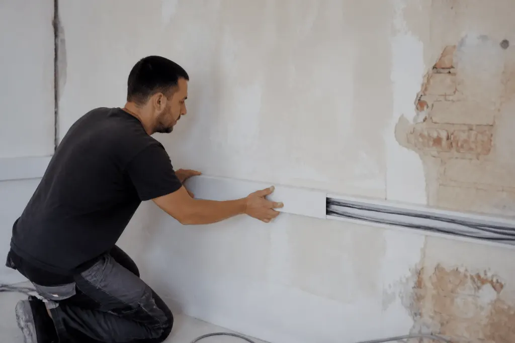Electricien installant goulotte blanche sur mur de renovation
