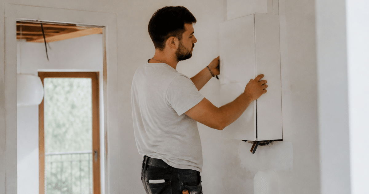 Electricien montant boitier GTL blanc sur mur interieur rénové