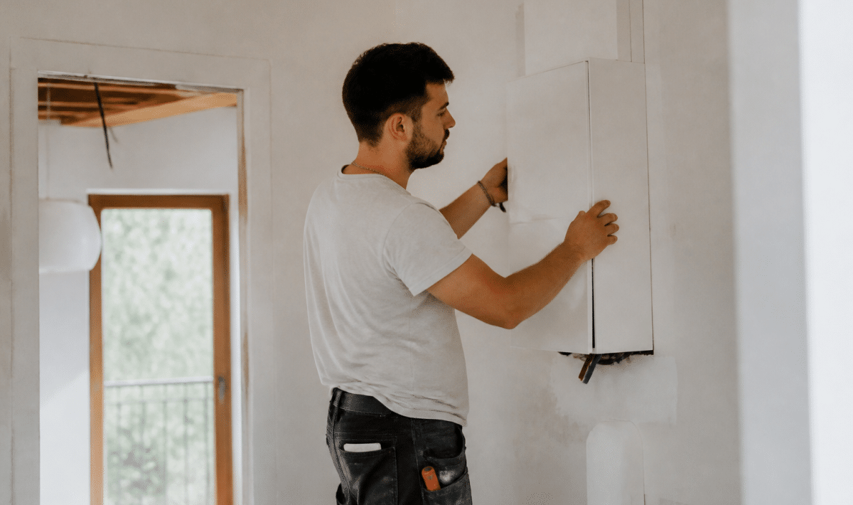 Electricien montant boitier GTL blanc sur mur interieur rénové