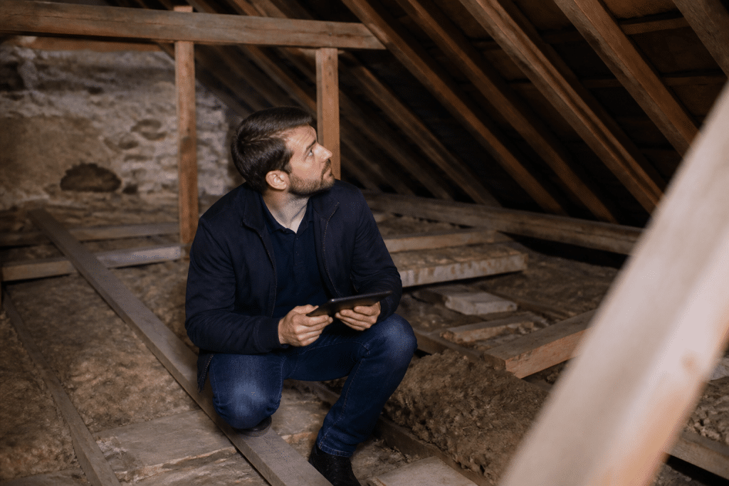 Technicien inspectant les combles d'une ancienne maison