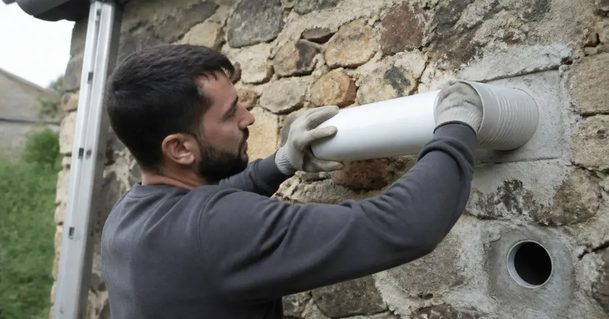 Technicien installe conduit VMC horizontal dans mur ancien pierre
