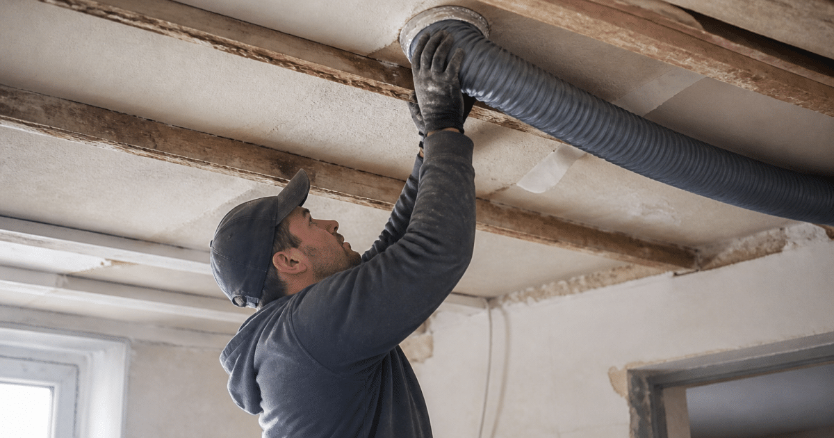 Technicien installant conduit ventilation dans plafond maison ancienne