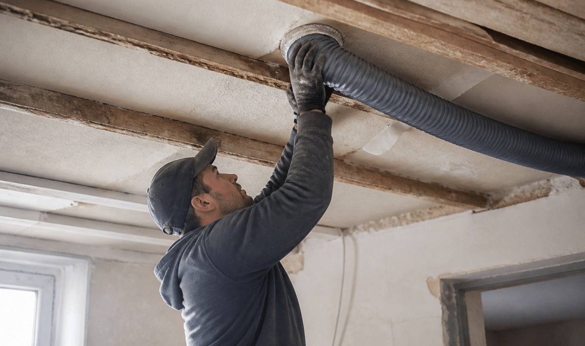 Technicien installant conduit ventilation dans plafond maison ancienne