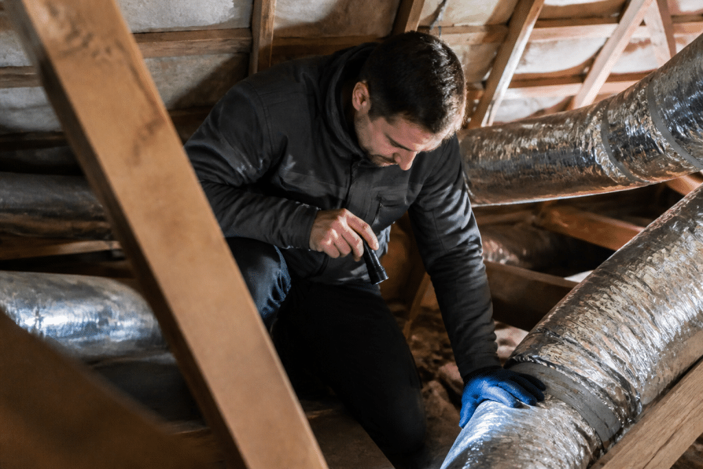 Technicien inspectant conduits ventilation dans combles anciens