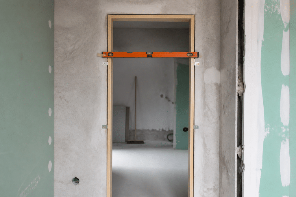 Cadre de porte positionne avec cales et niveau a bulle