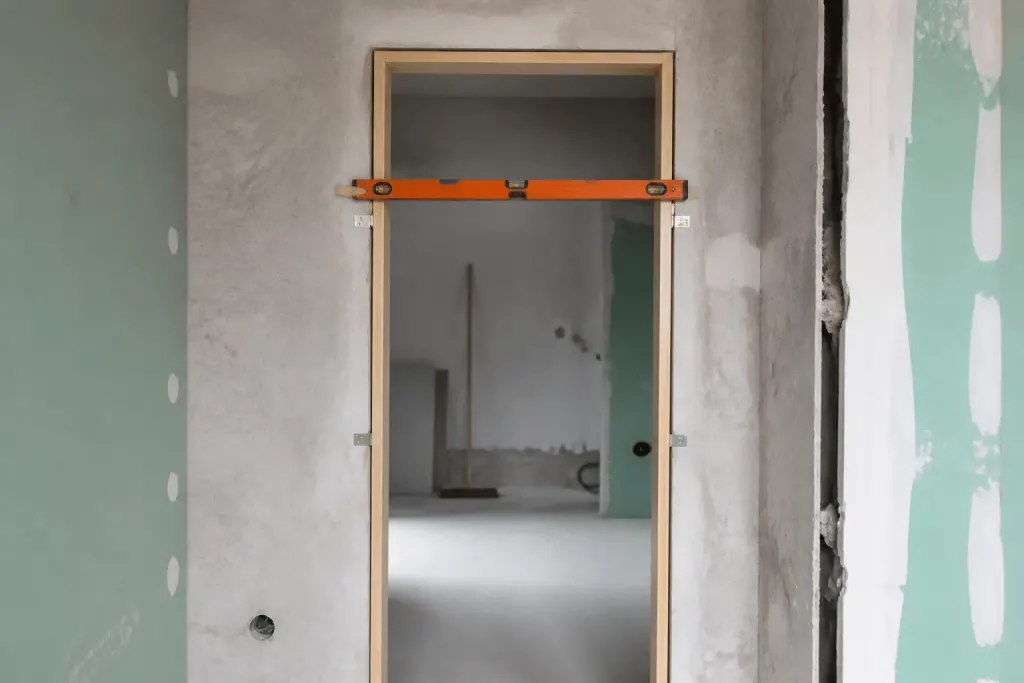 Cadre de porte positionne avec cales et niveau a bulle