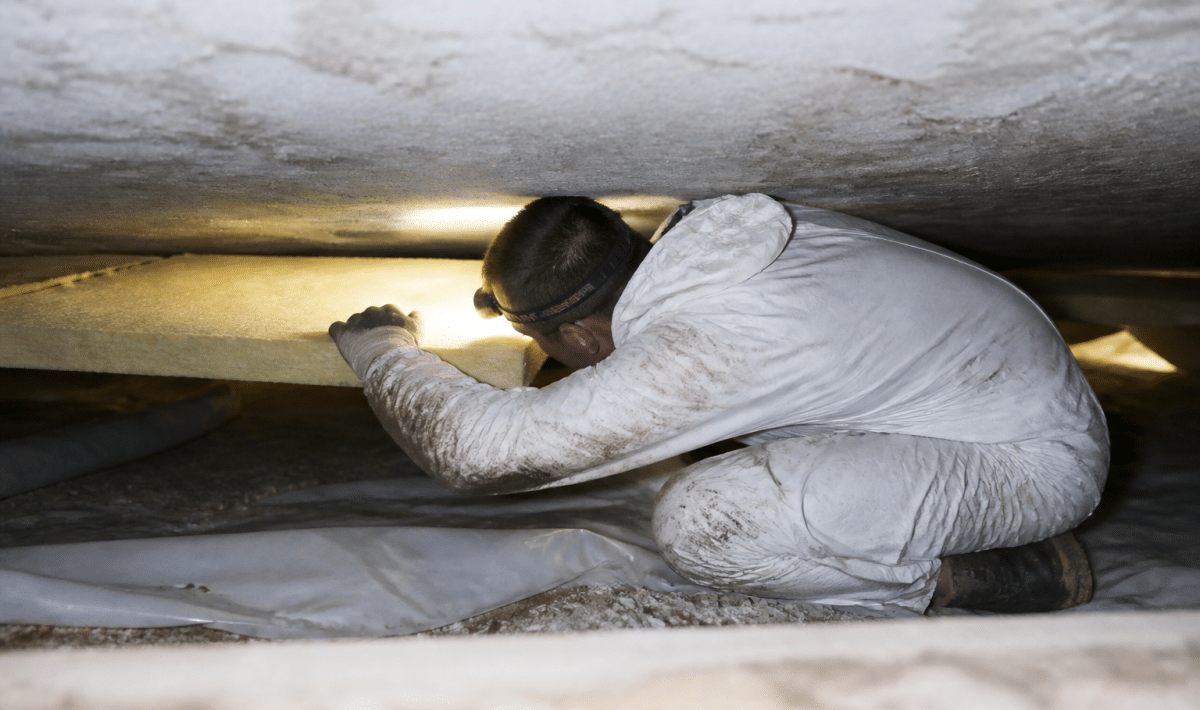 Ouvrier pose isolation thermique sous dalle beton existante
