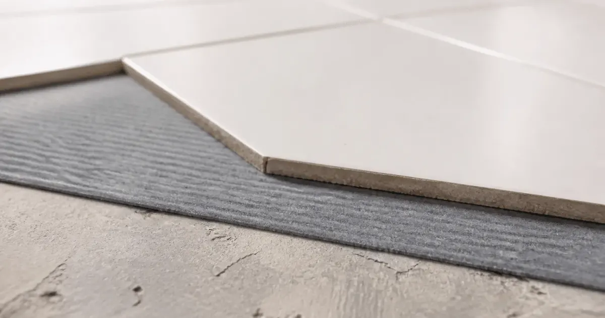 Couche isolante grise posee sous carreaux de ceramique blanc
