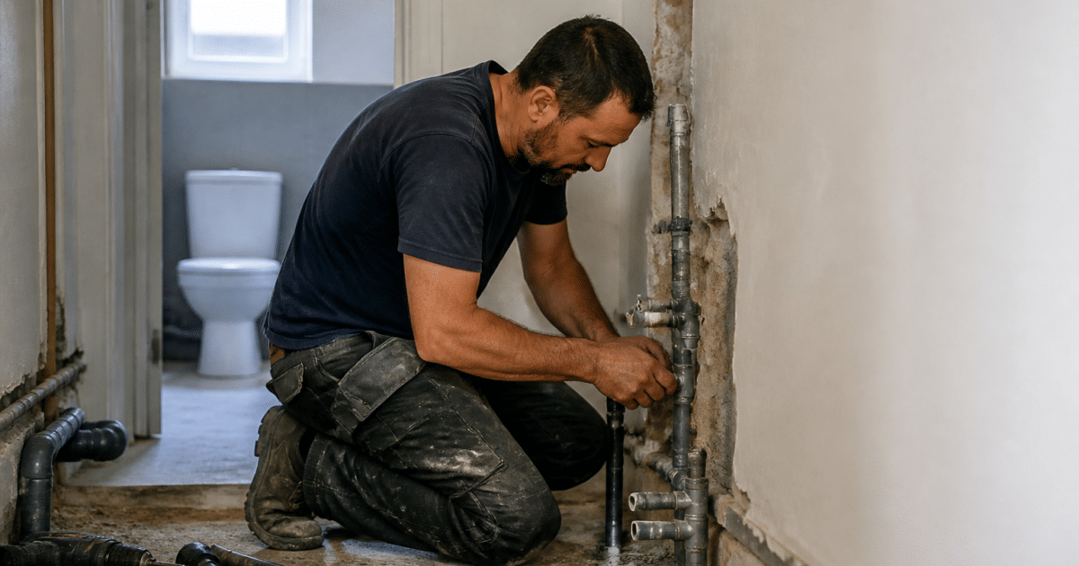 Plombier installant tuyauterie dans petit appartement rénové