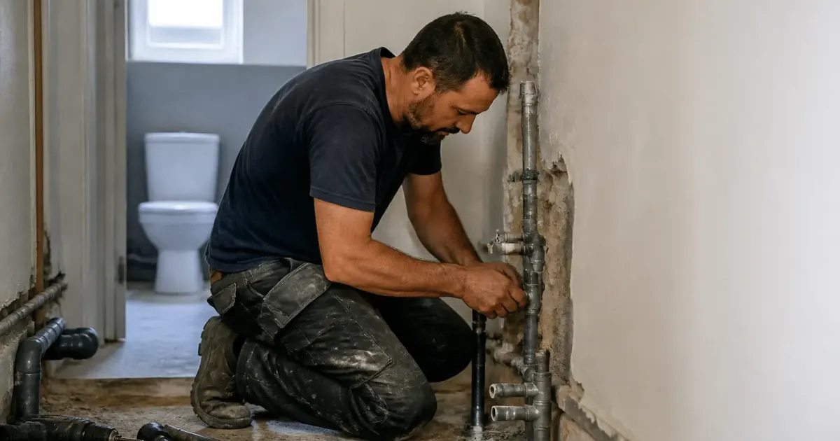 Plombier installant tuyauterie dans petit appartement rénové