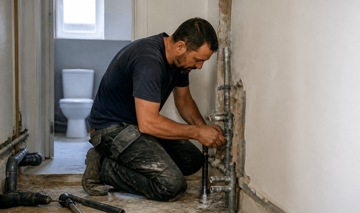 Plombier installant tuyauterie dans petit appartement rénové