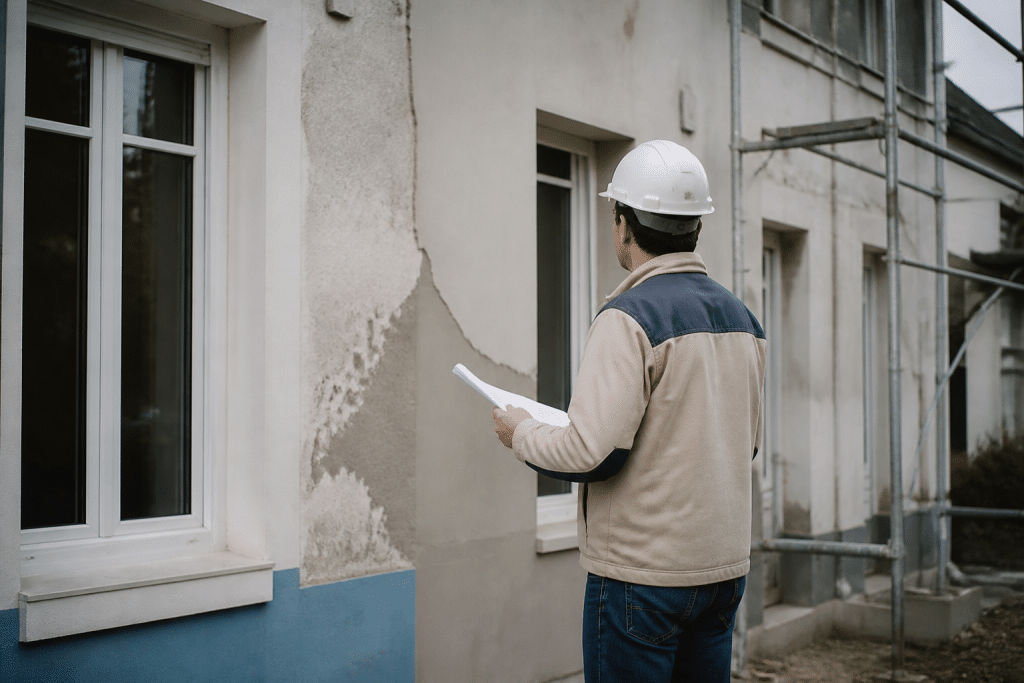 Facade building with painted exterior walls and construction permits documents