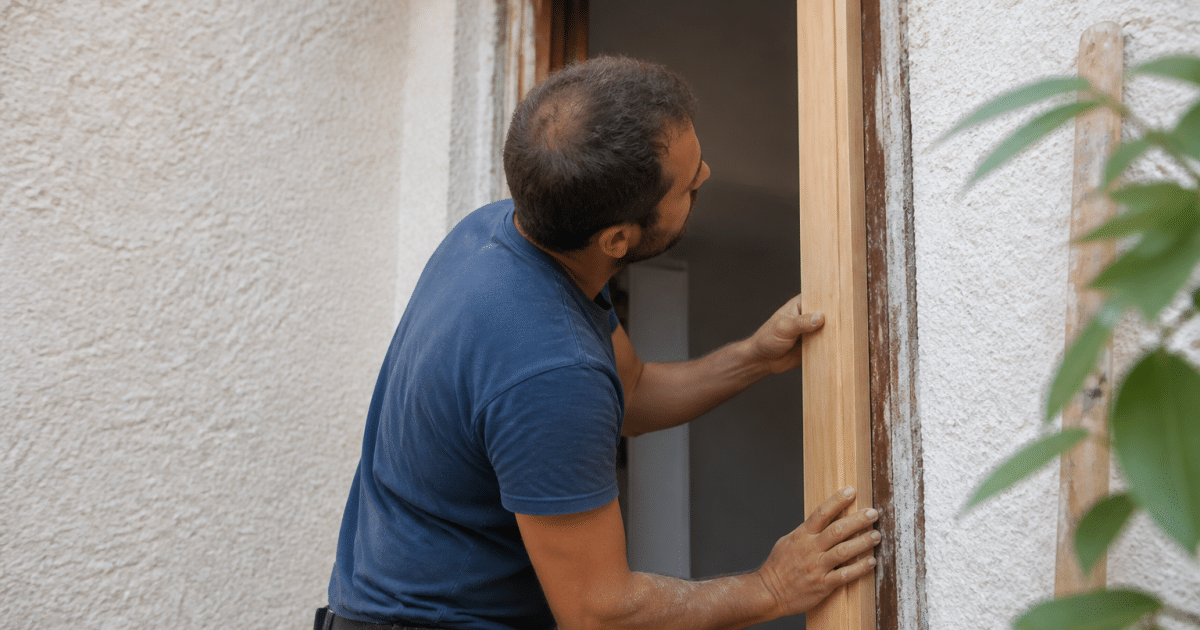 Ouvrier remplacant un cadre de porte ancien par neuf