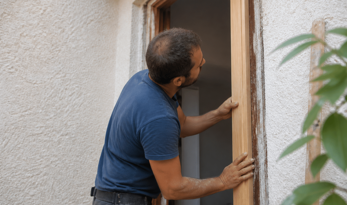 Ouvrier remplacant un cadre de porte ancien par neuf