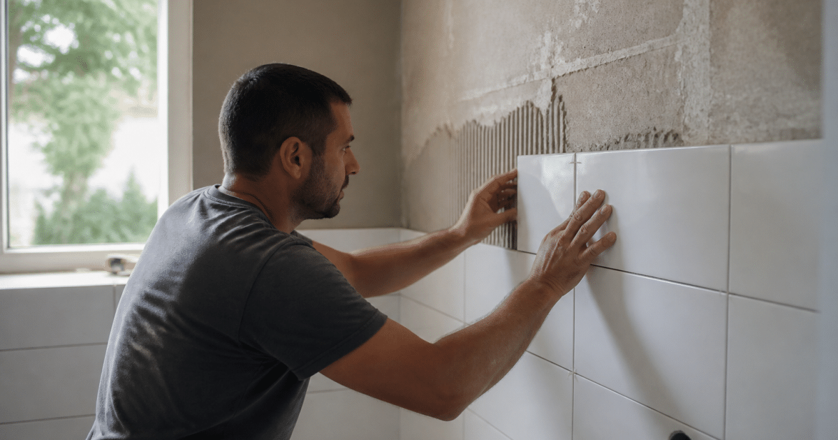 Ouvrier pose carrelage blanc sur mur salle bain
