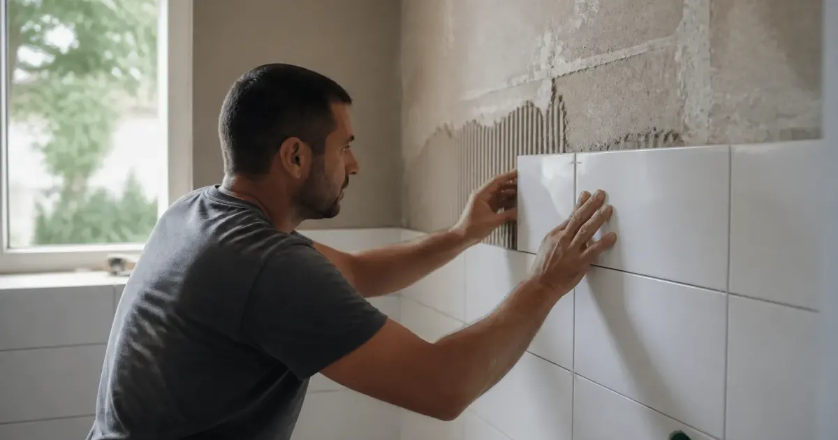 Ouvrier pose carrelage blanc sur mur salle bain