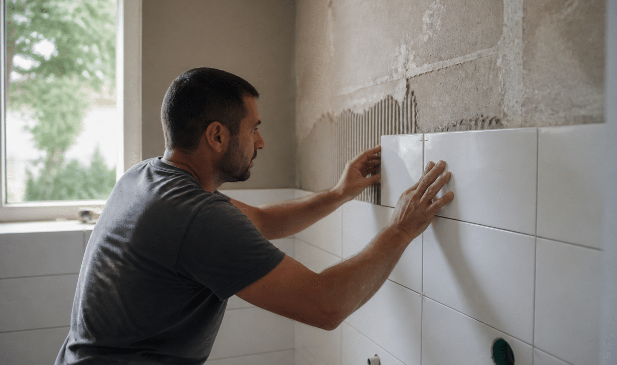 Ouvrier pose carrelage blanc sur mur salle bain