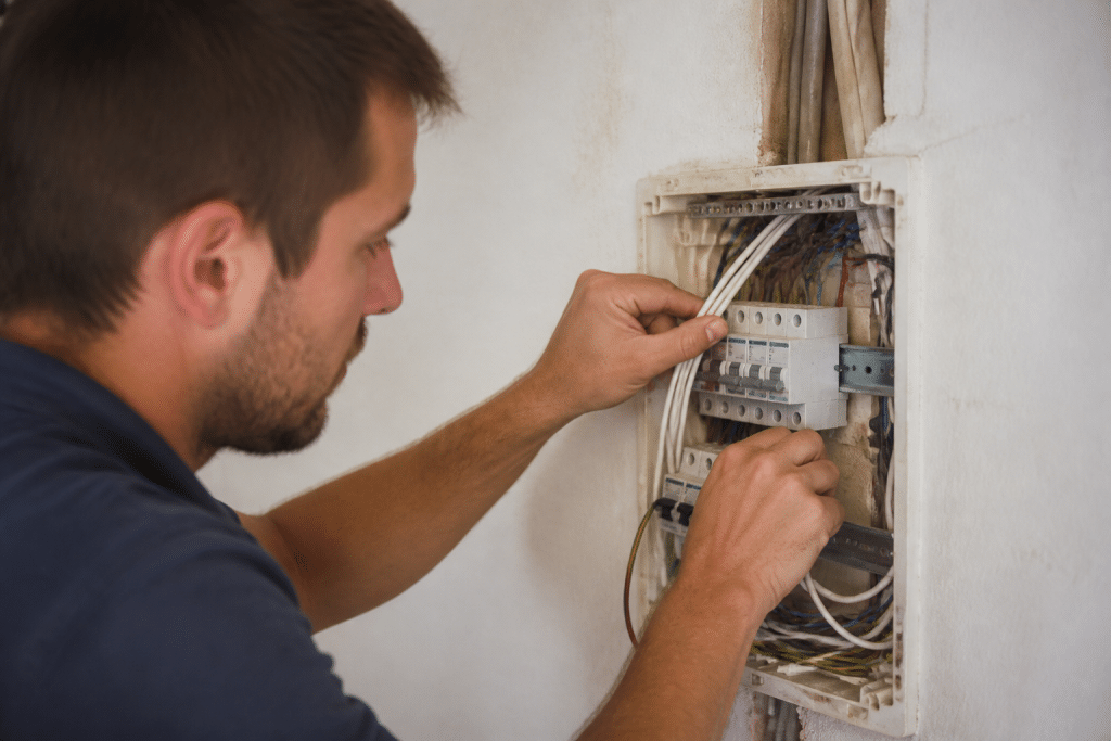 Electricien installant fils blancs dans tableau electrique mural