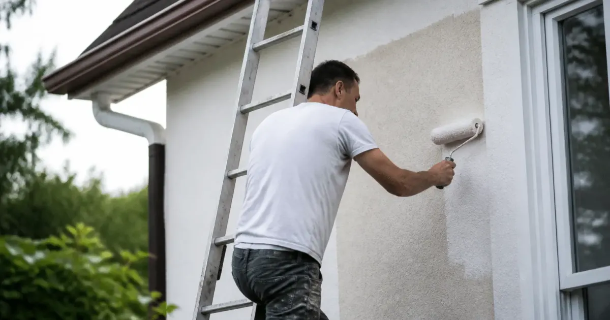 Ouvrier appuyé sur échelle repeint mur exterieur maison