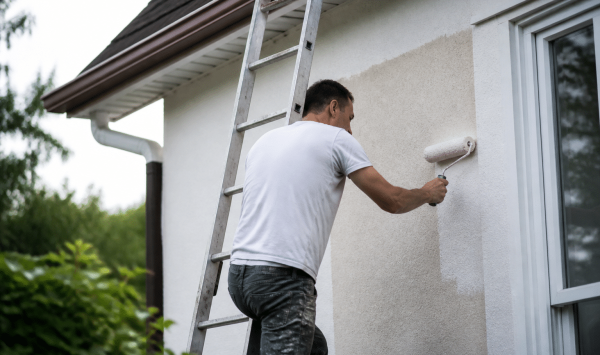 Ouvrier appuyé sur échelle repeint mur exterieur maison