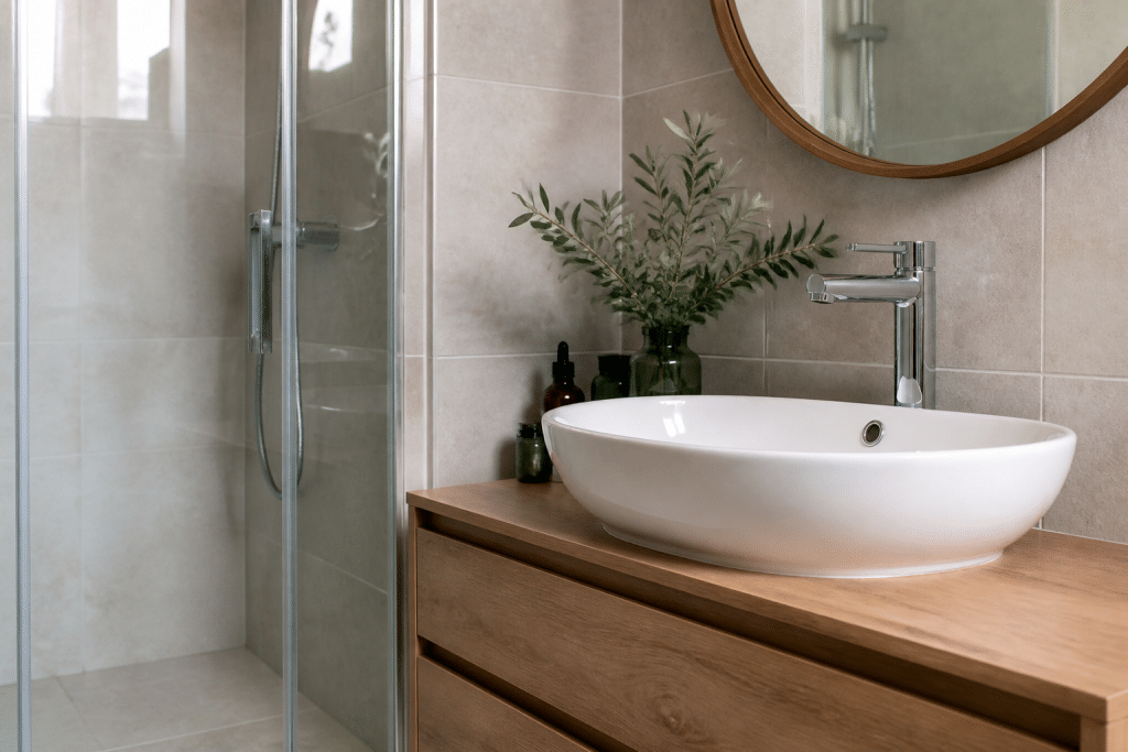 Tuyauterie et robinetterie modernes dans salle bain rénovée