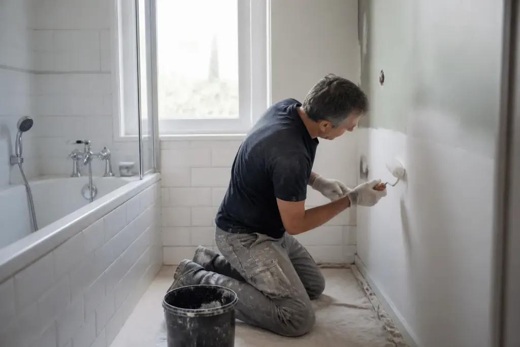 Salle bain renovation etapes peinture carrelage robinetterie