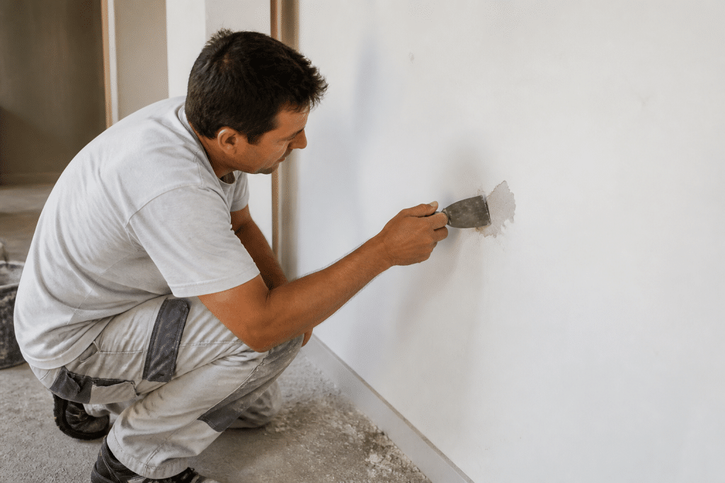 Ouvrier réparant mur blanc avec outils professionnels