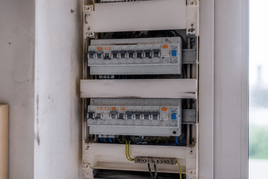 Tableau électrique avec disjoncteurs et protections différentielles installés