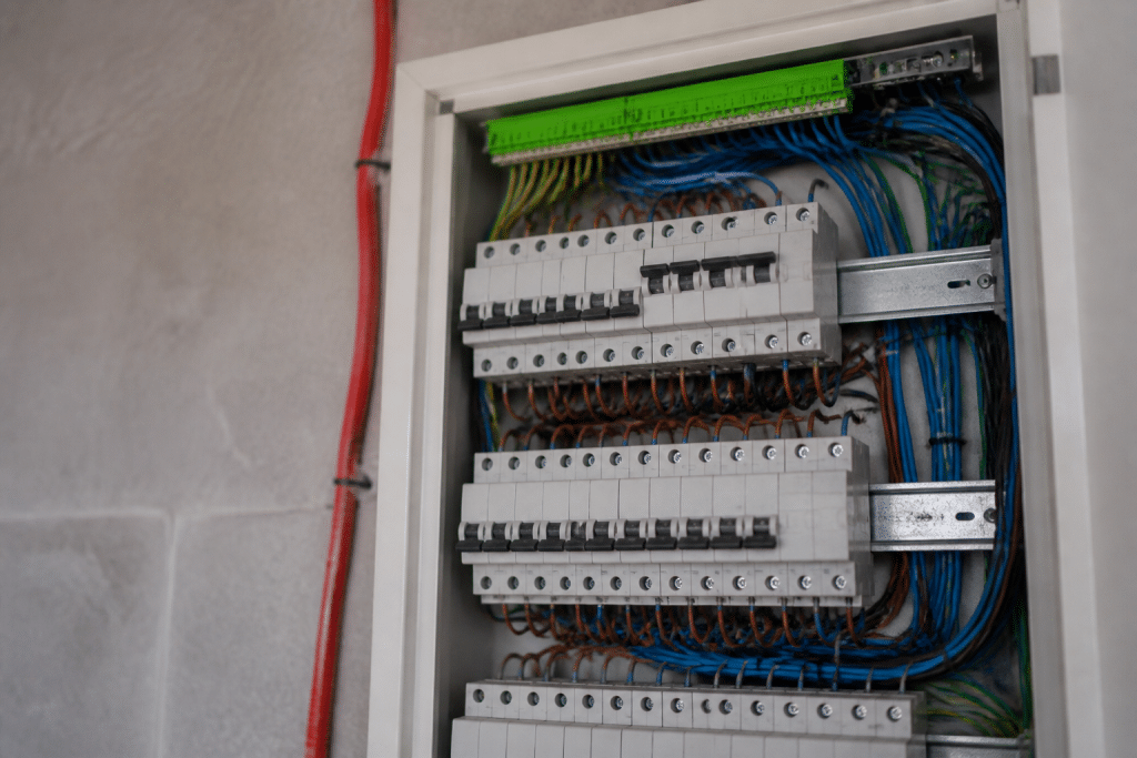 Tableau electrique triphasé avec disjoncteurs et câblage visible
