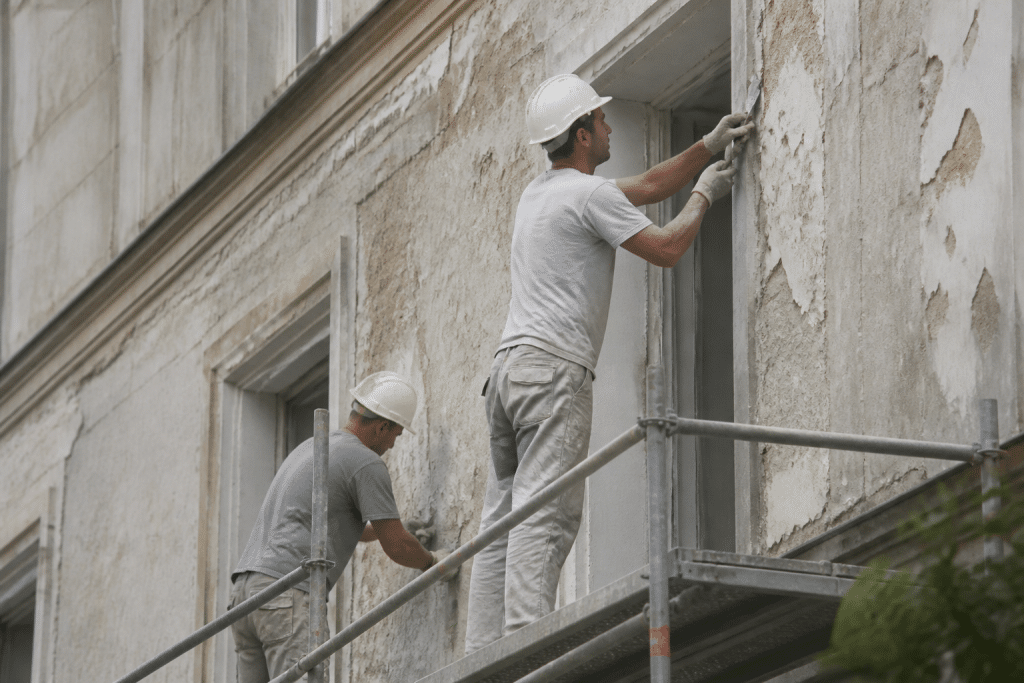 Ouvriers avec outils sur facade de batiment en renovation