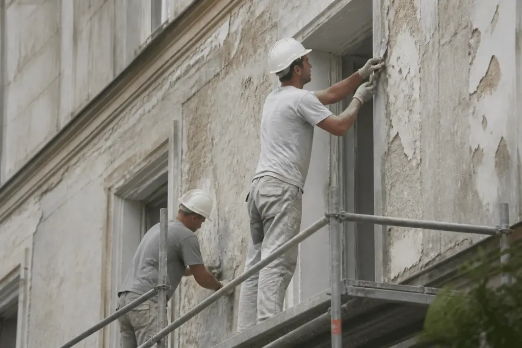 Ouvriers avec outils sur facade de batiment en renovation