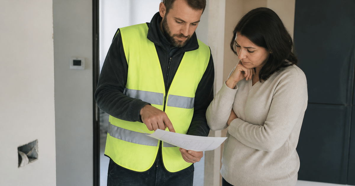 Ouvrier en gilet jaune pointant facture de renovation maison